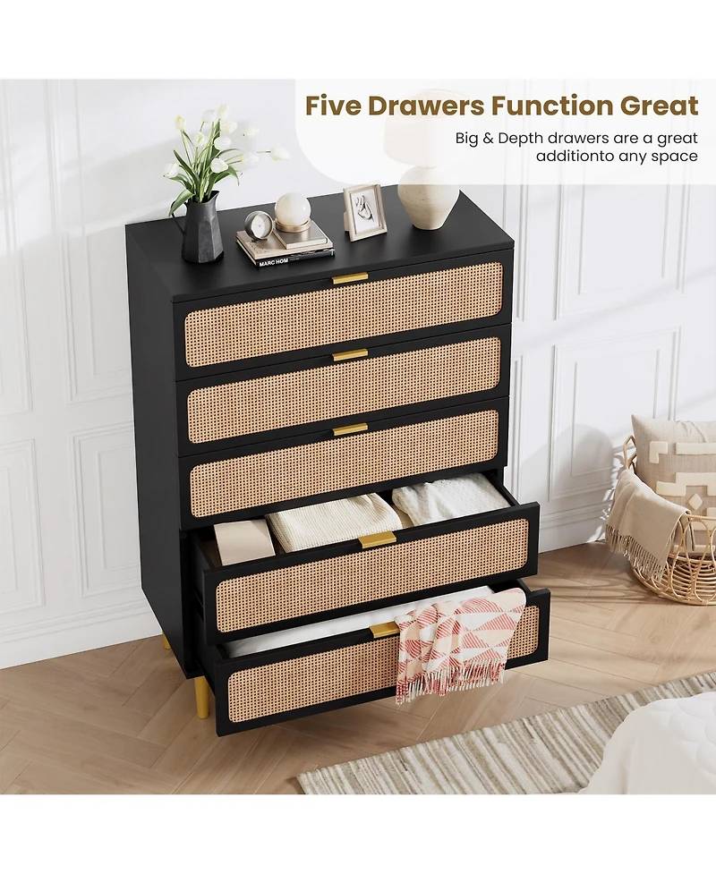 gaomon Rattan 5 Drawer Dresser for Bedroom