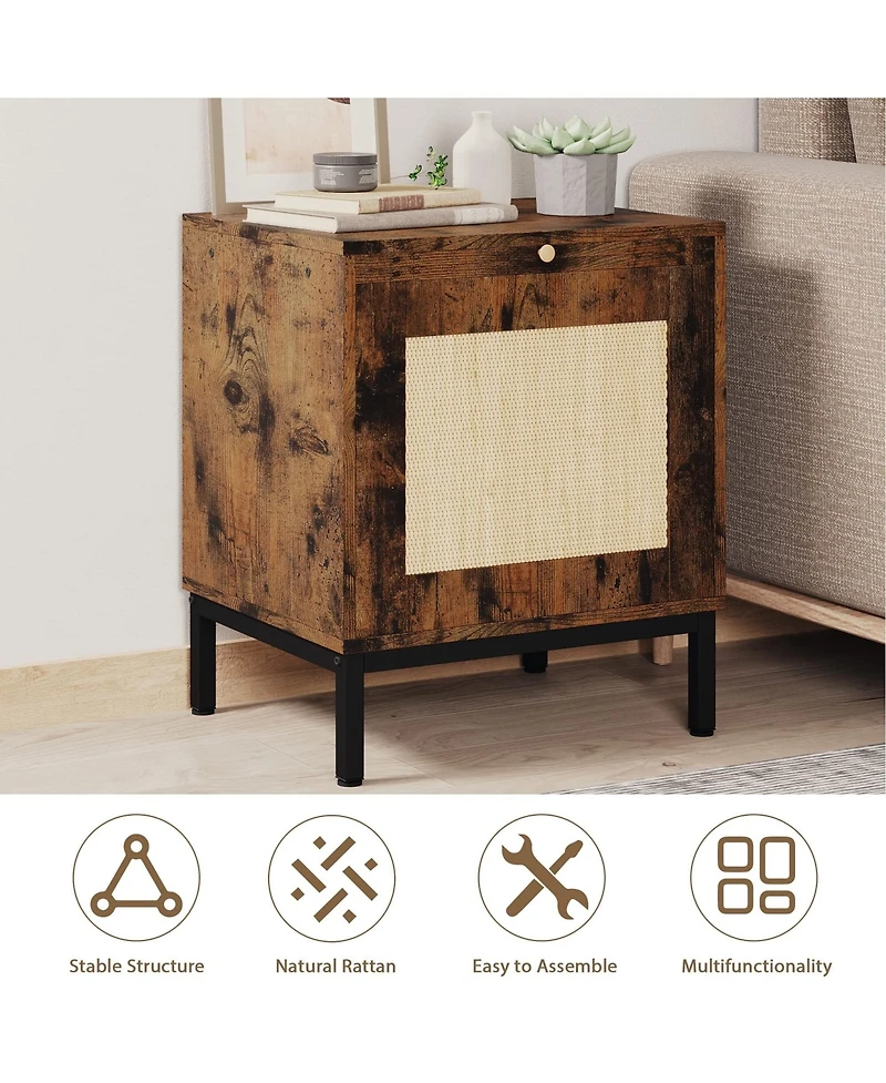 gaomon Rattan End Table, Wood Nightstand with Tray for Living Room, Bedroom Side Table with Storage Shelf for Entryway, Small Spaces
