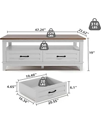 gaomon Farmhouse Coffee Table with Drawers, 47.2" Center Table Rustic Coffee Tables Walnut Living Room Table, Rectangle Center Table Long Cocktail Tab