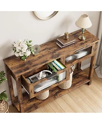 gaomon 43'' Narrow Console Table with Glass Drawers 2 Tier Sofa Table Entryway Table w/Storage Wood Console Table Side Table