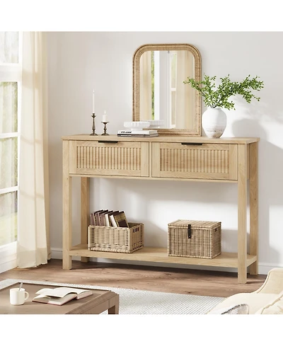 gaomon Farmhouse Entryway Table,43 Inch Wood Console Table with 2 Drawers,2 Tier Sofa Table with Storage for Living Room, Foyer Tables for Entryway-Bu