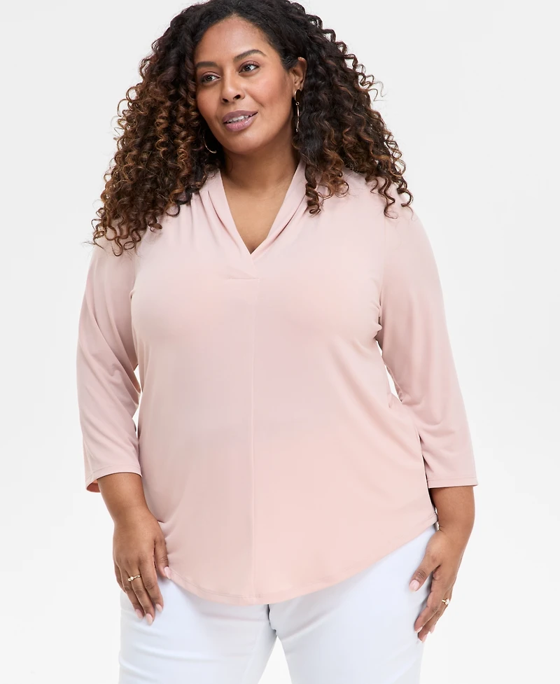 Jm Collection Plus Solid V-Neck 3/4-Sleeve Top, Exclusively at Macy's