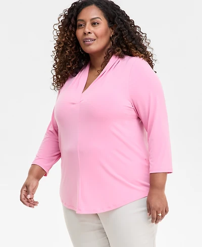 Jm Collection Plus Solid V-Neck 3/4-Sleeve Top