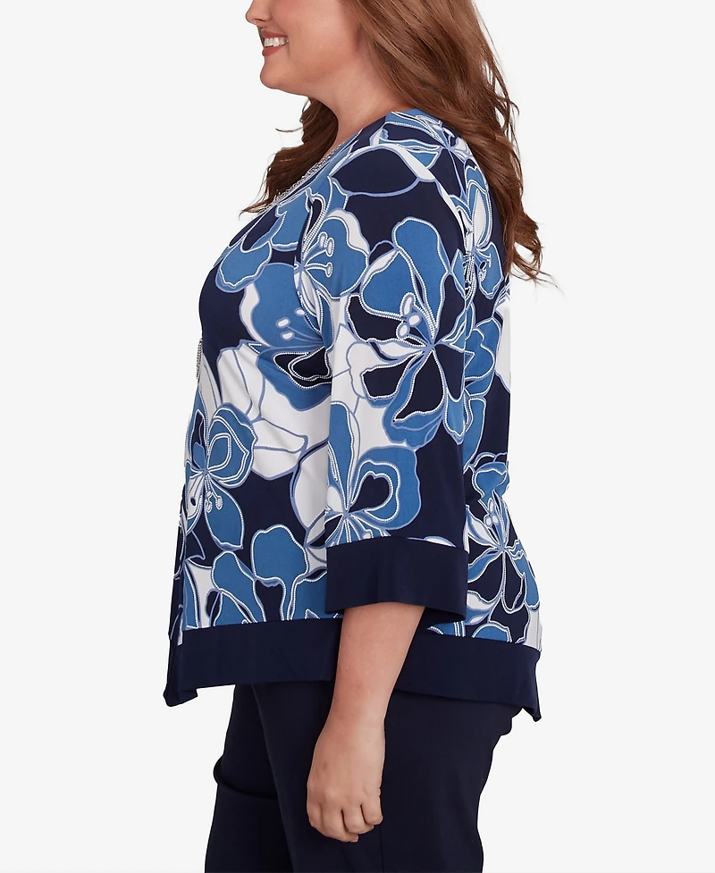 Alfred Dunner Plus Size Classic Abstract Bold Floral Patchwork Top with Necklace