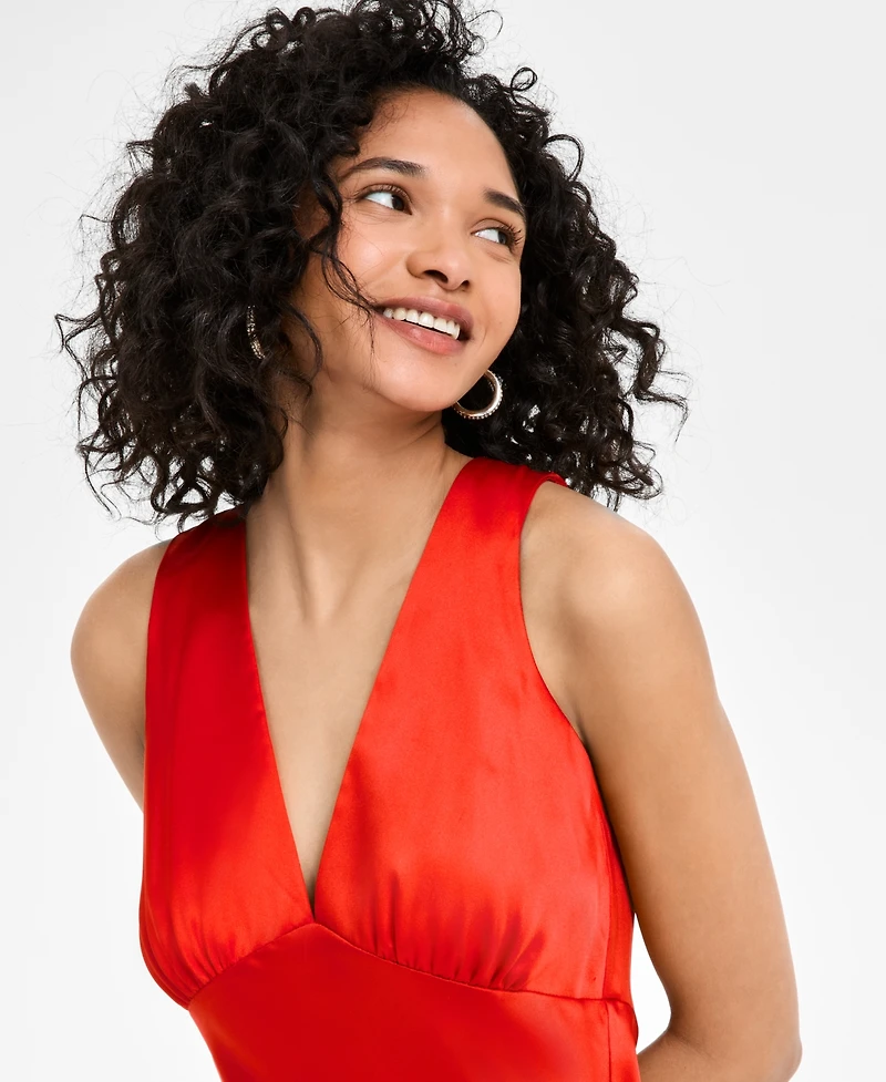 Emerald Sundae Juniors' V-Neck A-Line Satin Midi Dress