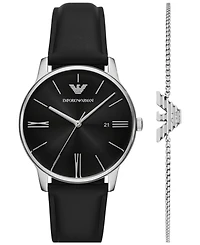 Emporio Armani Men's Black Leather Strap Watch 39mm Gift Set