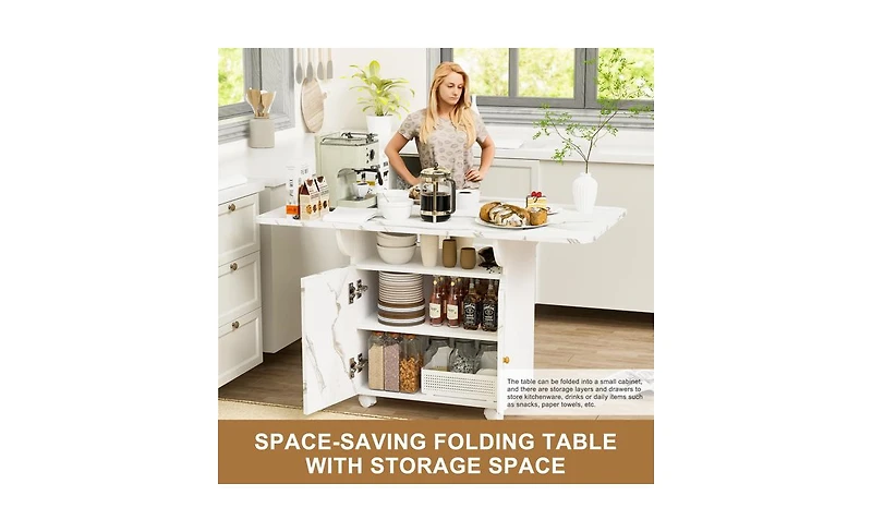 Folding Dining Table with Storage Rack & Cabinet – Space-Saving Multifunctional Table for Small Spaces