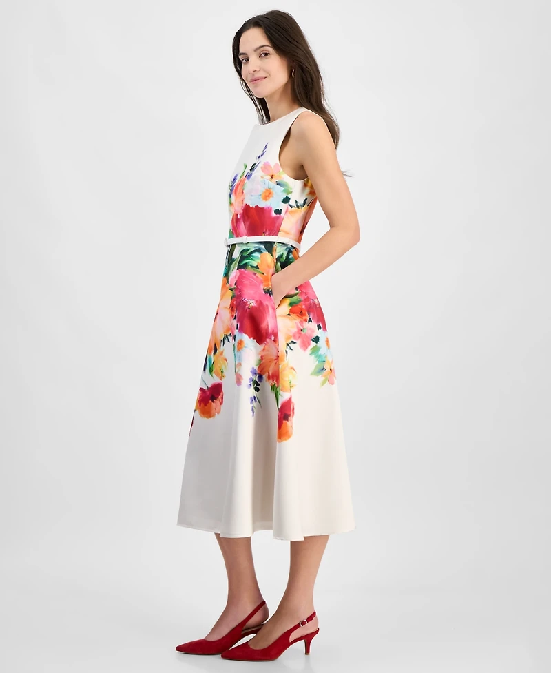 julia jordan Women's Floral-Print Belted Sleeveless Midi Dress