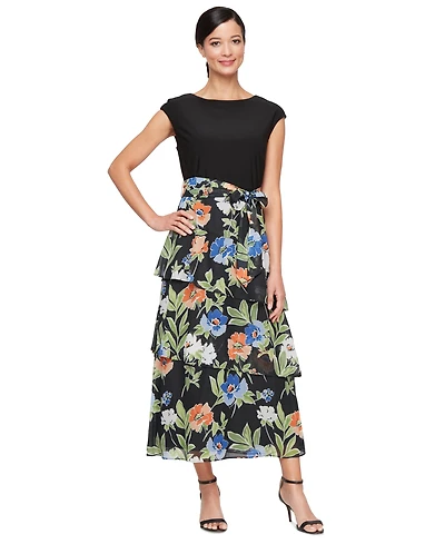 Sl Fashions Women's Mixed-Media Belted Tiered Dress