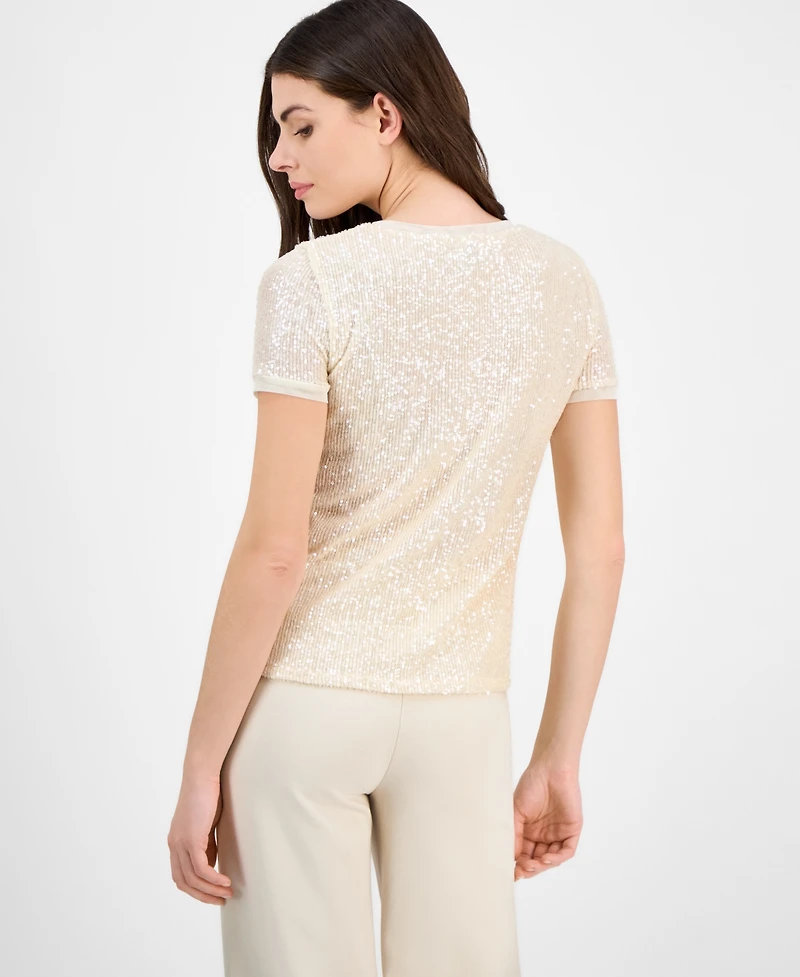 Anne Klein Petite Crewneck Short-Sleeve Sequin T-Shirt