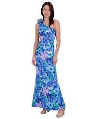 Eliza J Petite Rosette-Shoulder Watercolor-Print Evening Gown