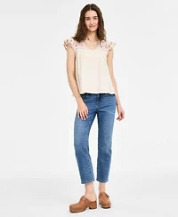 Liverpool Los Angeles Womens Flutter Sleeve V Neck Embroidered Blouse Kennedy Cropped Straight Leg Denim Jeans