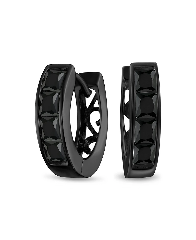 Bling Jewelry Invisible Cut Channel Set Cz Hoop Earrings Black White Huggie Kpop Silver