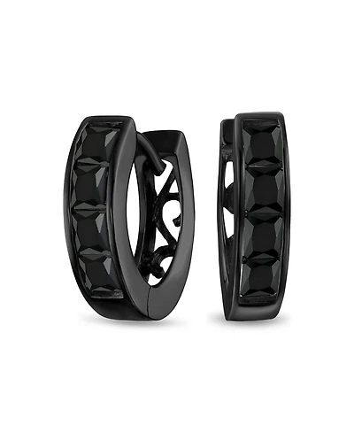 Bling Jewelry Invisible Cut Channel Set Cz Hoop Earrings Black White Huggie Kpop Silver
