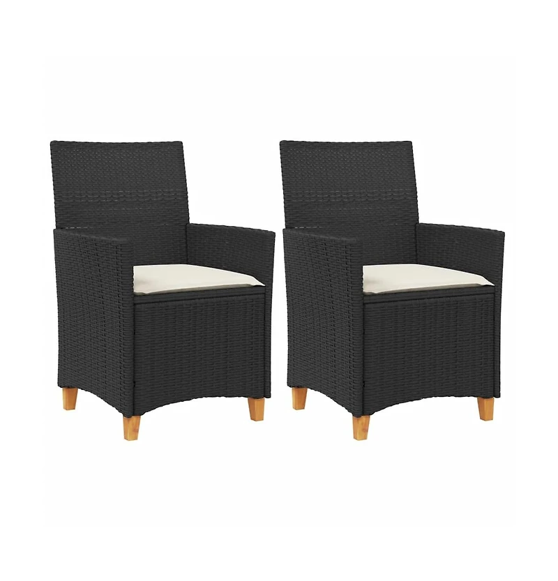 Patio Chairs with Cushions 2 pcs Black Poly Rattan&Solid Wood