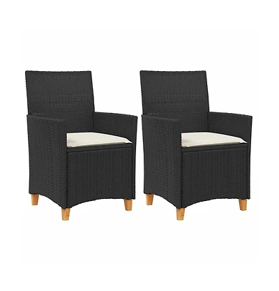 Patio Chairs with Cushions 2 pcs Black Poly Rattan&Solid Wood