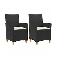 Patio Chairs with Cushions 2 pcs Black Poly Rattan&Solid Wood
