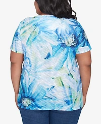 Alfred Dunner Plus Size Dramatic Blue Floral Crew Neck Top
