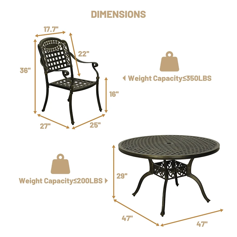 5pcs Patio Dining Set Cast Aluminium Outdoor Bistro 4 Chairs & 47 Inches Round Table