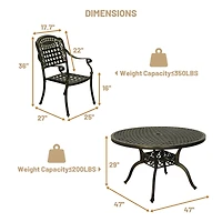5pcs Patio Dining Set Cast Aluminium Outdoor Bistro 4 Chairs & 47 Inches Round Table