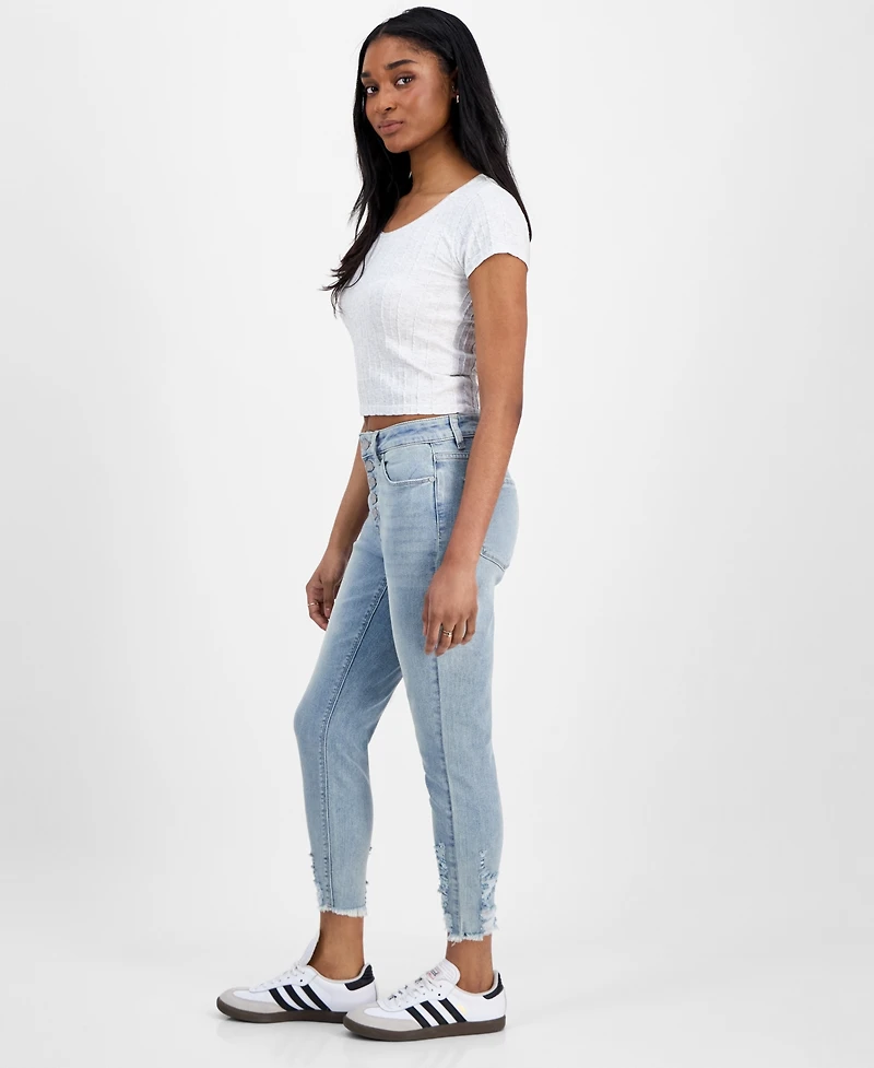 Indigo Rein Juniors' Mid Rise Button Fly Distressed Cropped Curvy Jeans