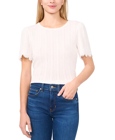 CeCe Women's Scalloped-Cuff Lace-Trim Round-Neck Top