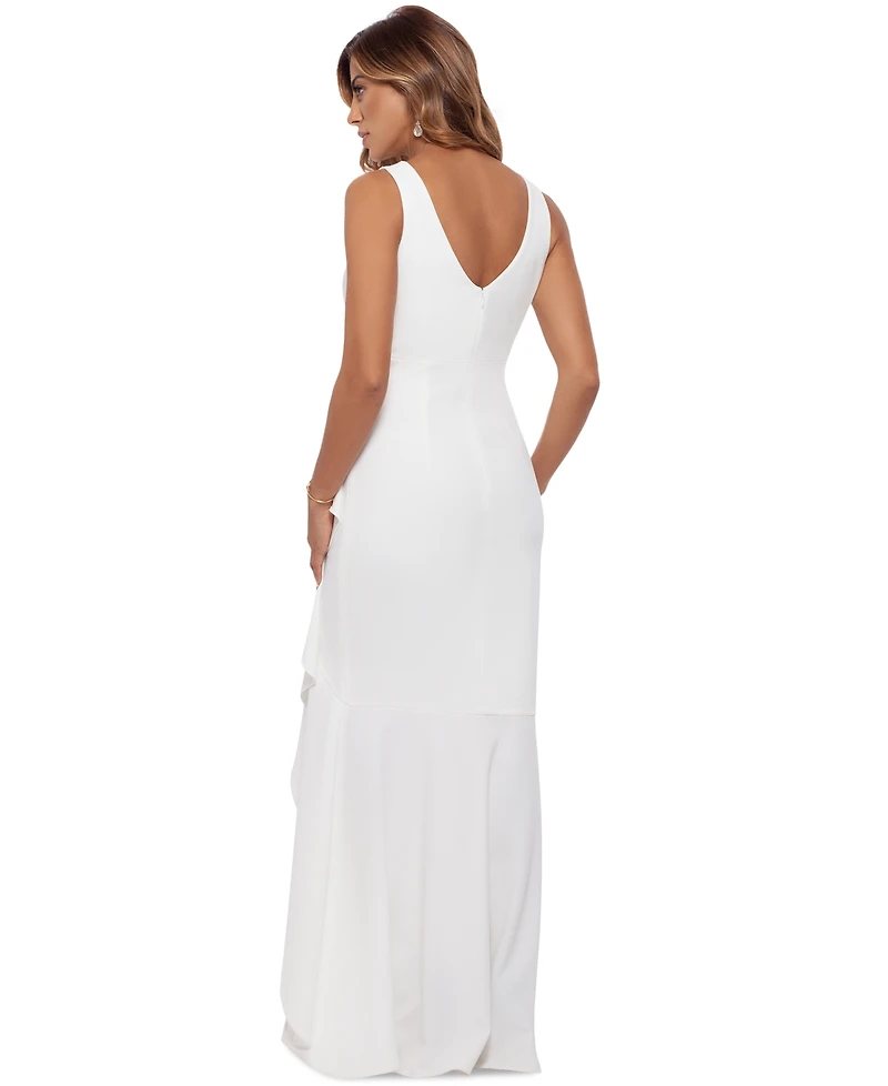 Betsy & Adam Petite Ruffled High-Low Mermaid Gown