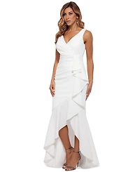 Betsy & Adam Petite Ruffled High-Low Mermaid Gown