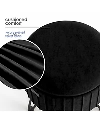 Pleated Velvet Round Ottoman with Storage – Modern Foot Stool, Makeup Vanity Small Rest, Perfect for Living Room & Bedroom