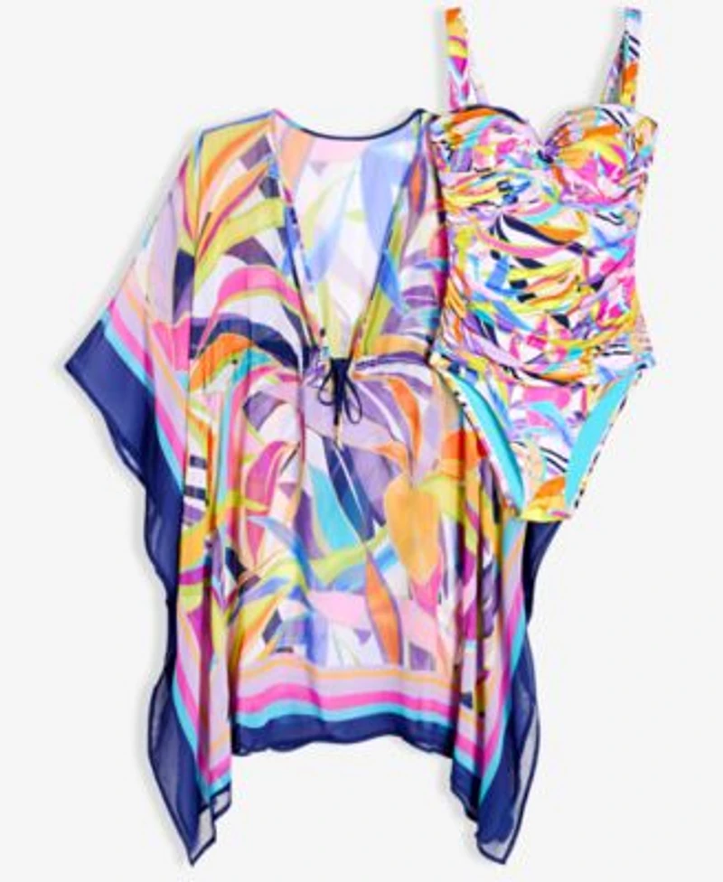 Bleu By Rod Beattie Womens Living Color Ruched One Piece Swimsuit Caftan Swim Cover Up