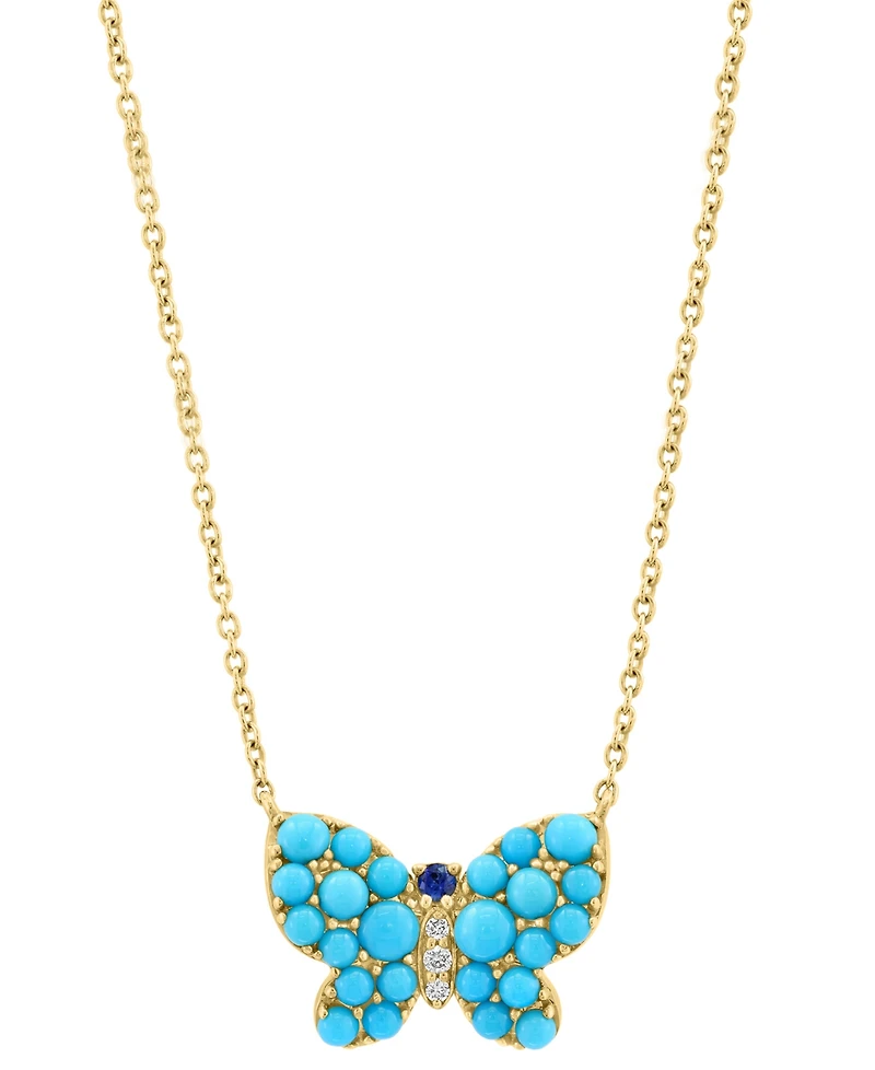 Effy Turquoise, Sapphire Accent, & Diamond Accent Butterfly Pendant Necklace in 14k Gold, 17" + 1" extender