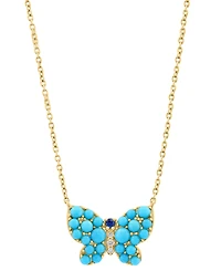Effy Turquoise, Sapphire Accent, & Diamond Accent Butterfly Pendant Necklace in 14k Gold, 17" + 1" extender