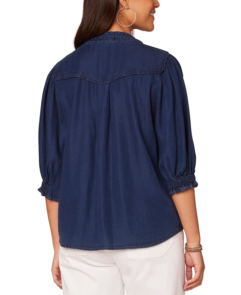 Democracy Women's Crochet Trim Button-Front Ruffle Shirt