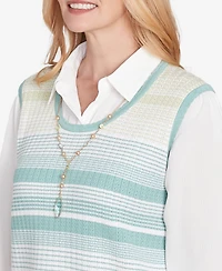 Alfred Dunner Petite Kensington Gardens Striped Vest Collared Two One Sweater with Necklace
