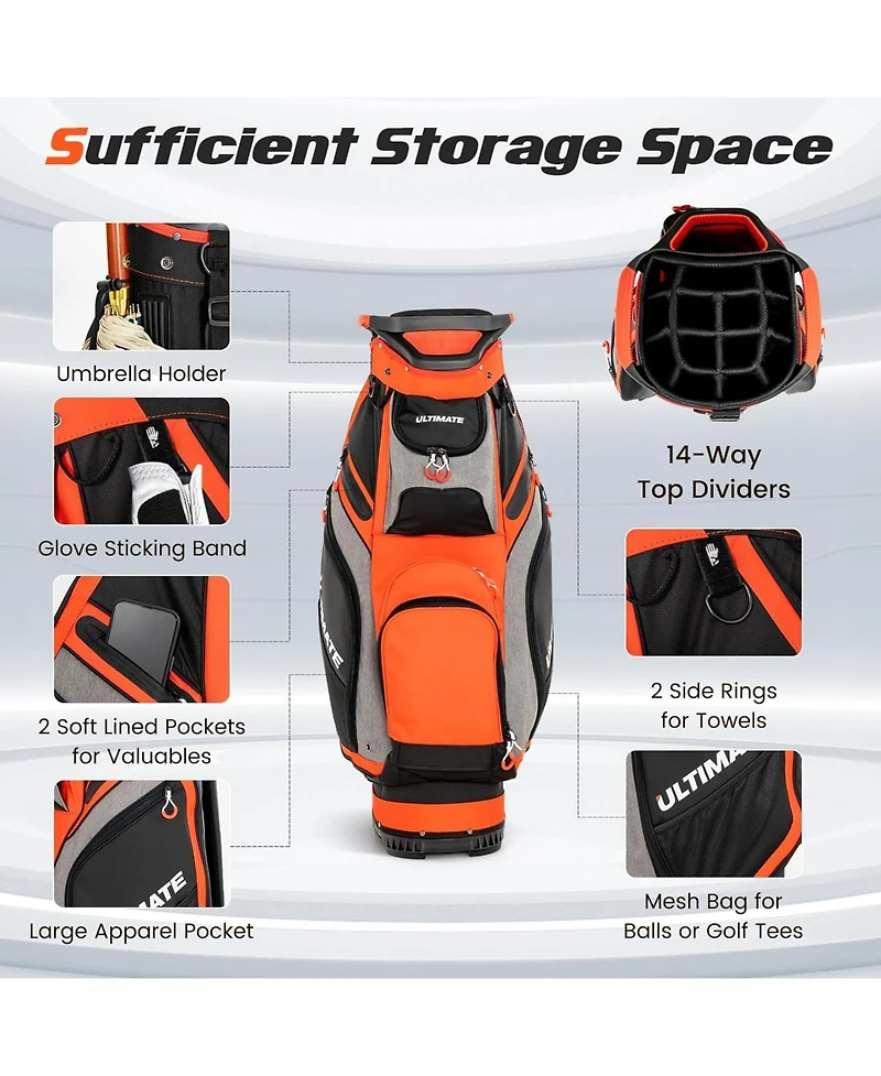 10.5 Inch Golf Cart Bag with 14 Way Dividers and 7 Zippered Pockets