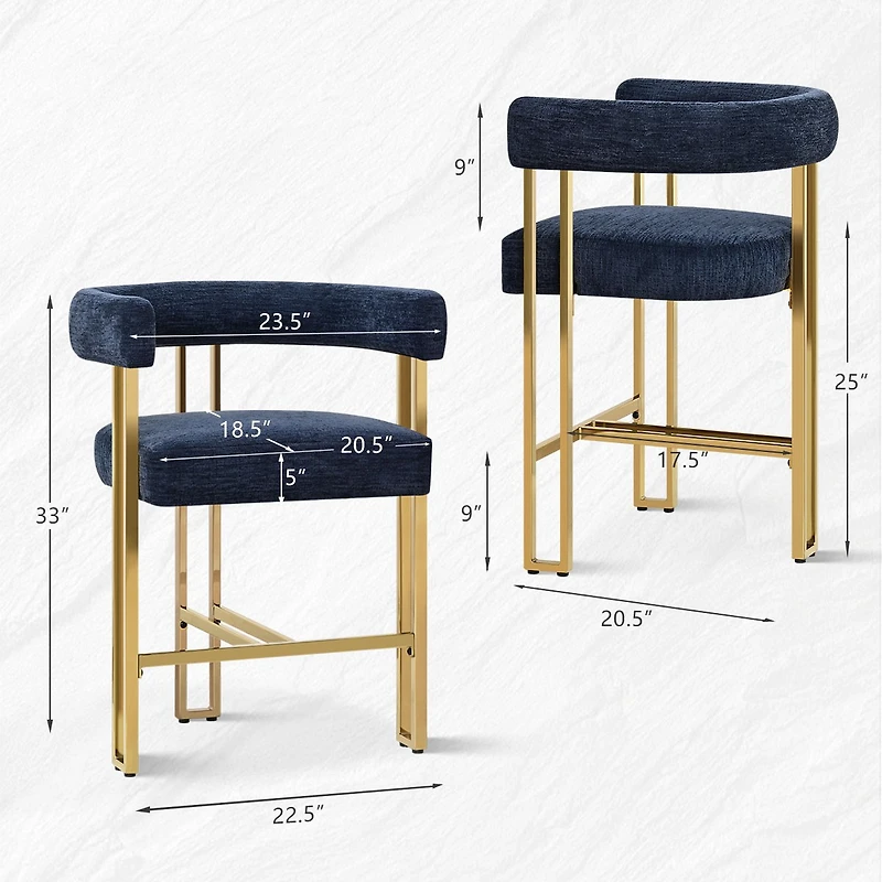 25'' Counter Height Stool with Gold Metal Legs, Chenille Upholstery, Curved Back and Armrest, 1 Unit-Maison Boucle
