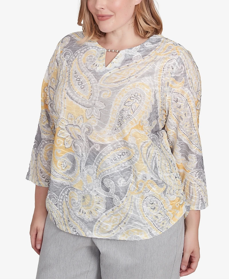 Alfred Dunner Plus Size Dress Code Textured Paisley Beaded Neck Top