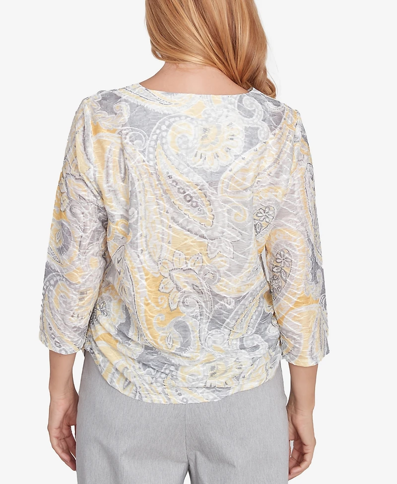 Alfred Dunner Petite Dress Code Textured Paisley Beaded Neck Top