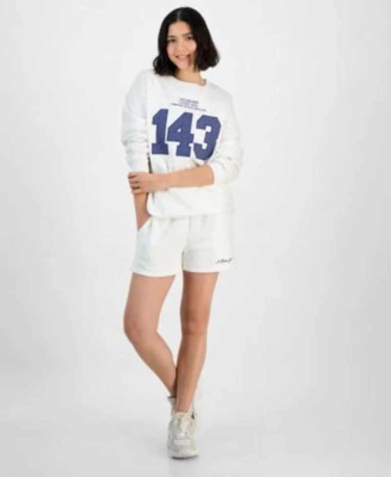 Planet Heart Juniors Graphic Patch Crewneck Sweatshirt High Rise Sweatshorts