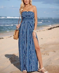 Cupshe Women's Indigo Paisley Strapless Wide Leg Jumpsuit