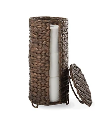 Casafield Toilet Paper Roll Holder with Lid - Espresso, Fits 3 Rolls, Free Standing Water Hyacinth Bath Tissue Storage Organizer for Bathroom