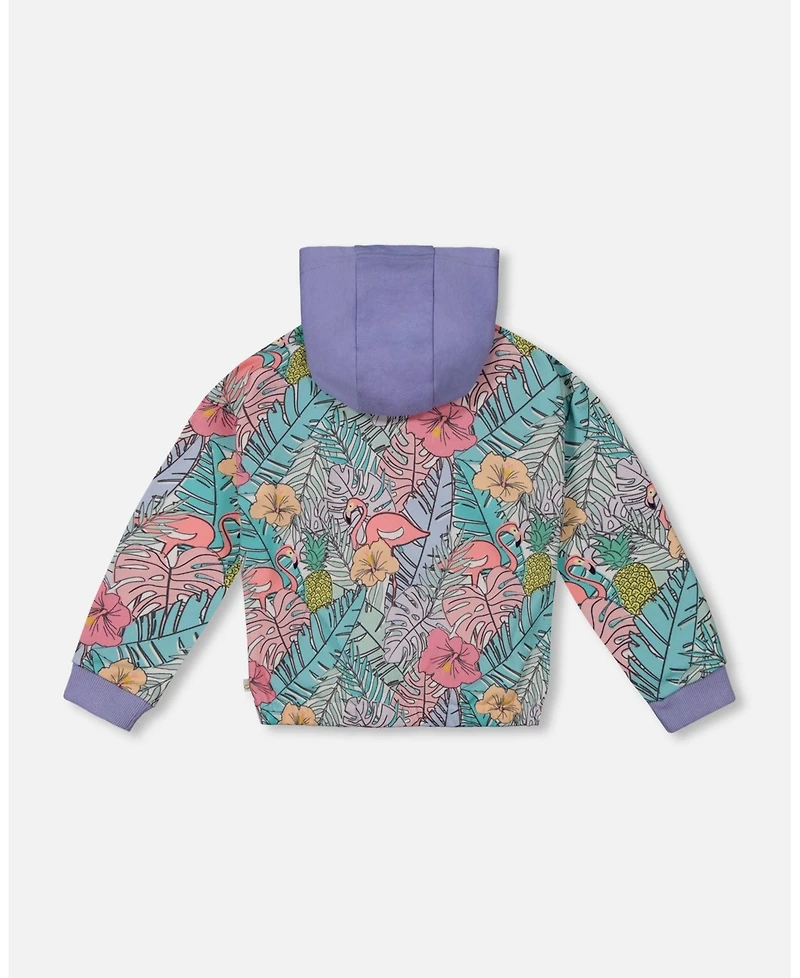 Deux par Deux Toddler Girls Printed French Terry Hoodie Cardigan Lilac Tropical And Pink Flamingos - Toddler|Child