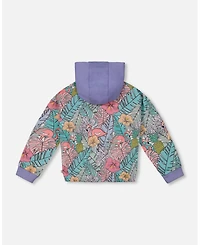 Deux par Deux Toddler Girls Printed French Terry Hoodie Cardigan Lilac Tropical And Pink Flamingos - Toddler|Child
