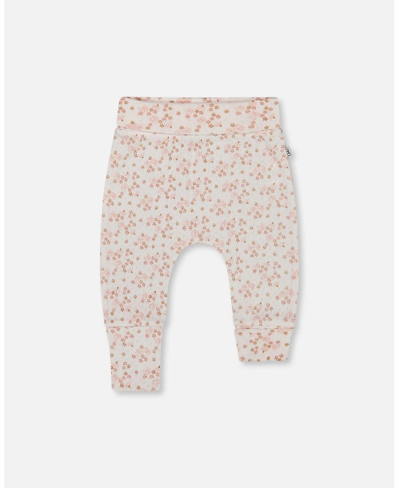 Deux par Deux Baby Girls Cotton Pointelle Evolutive Pant Printed Pink And White Flowers