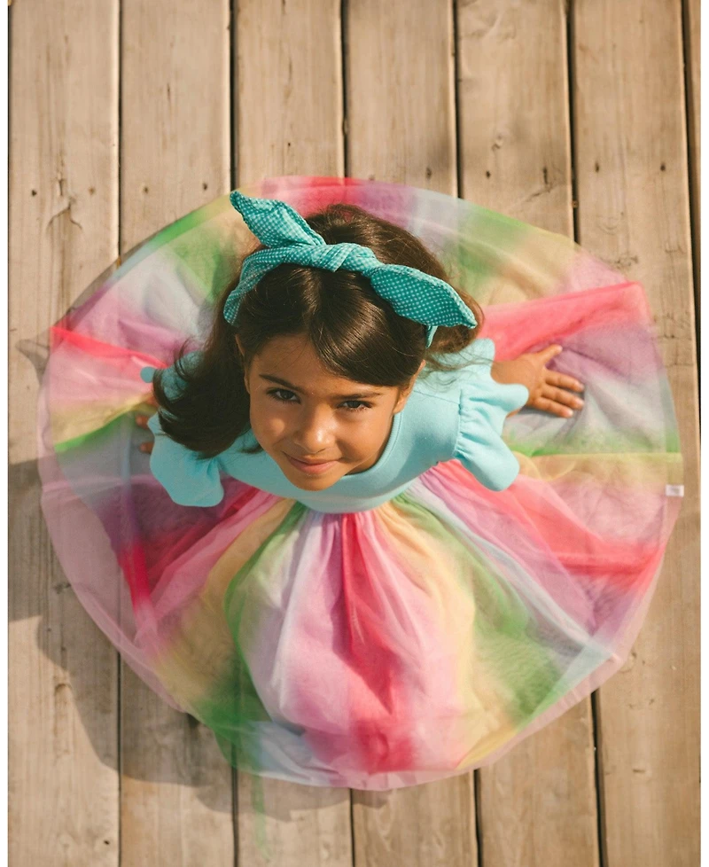 Deux par Deux Big Girls Bi-Material Dress With Printed Mesh Skirt Multicolored
