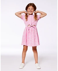 Deux par Deux Toddler Girls Puff Sleeve Dress With Waist Tie Pink And White Checks - Toddler|Child