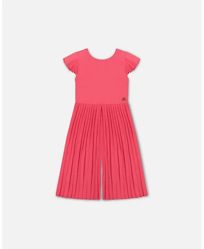 Deux par Deux Big Girls Bi-Material Pleated Wide Leg Jumpsuit Candy Pink