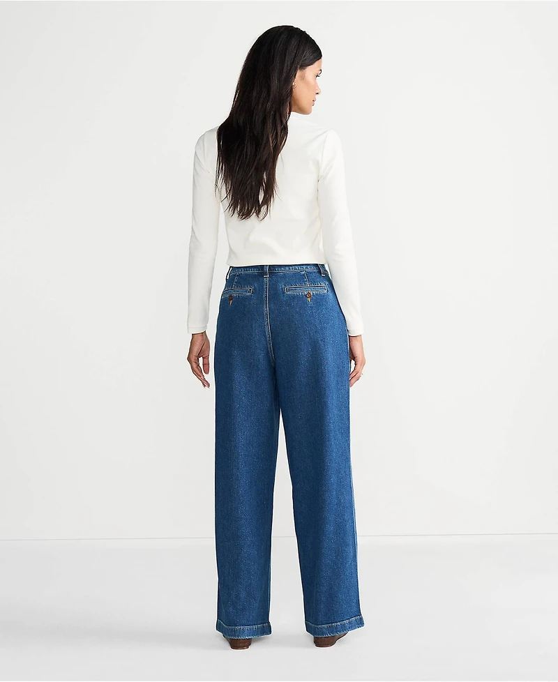 Lands' End Women's High Rise Soft Denim Pleated Wide Leg Trousers