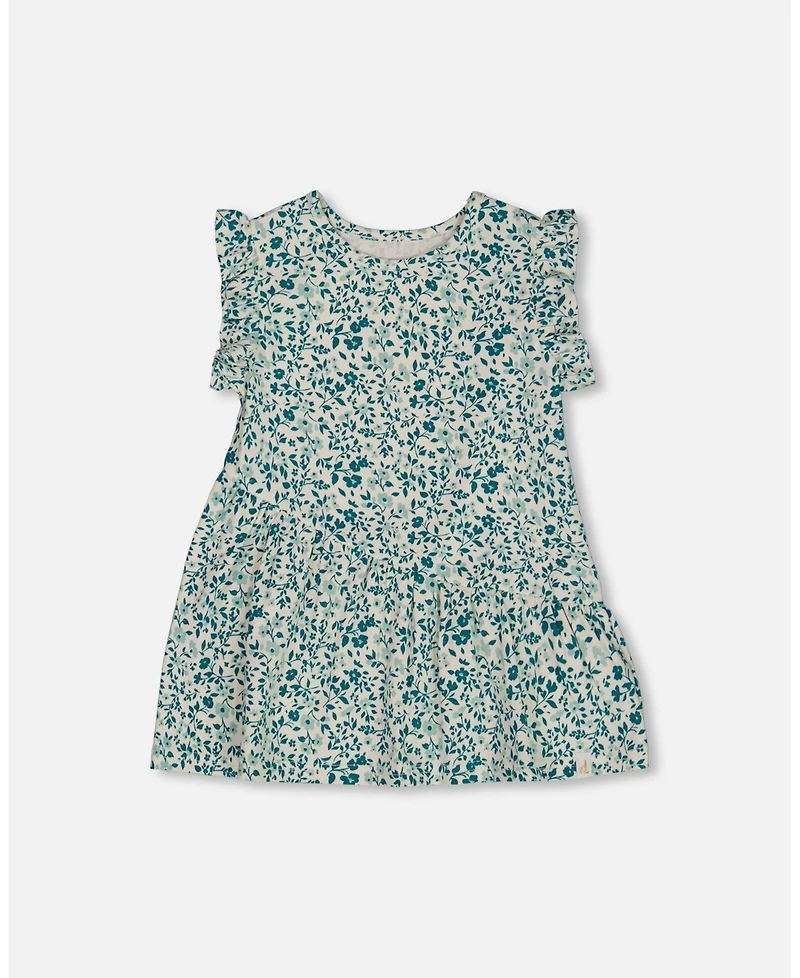 Deux par Deux Baby Girls Printed Organic Cotton Tunic Top Small Turquoise Flowers