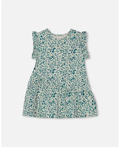 Deux par Deux Baby Girls Printed Organic Cotton Tunic Top Small Turquoise Flowers
